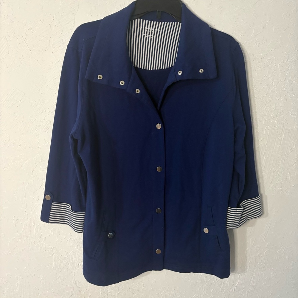 Karen Scott Size L Nautical Jersey Lightweight Jacket Blazer Striped Cuffs Navy